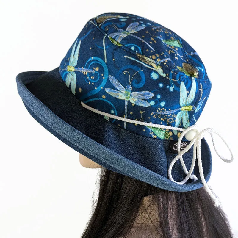 Sunblocker UV summer sun hat with wide brim, featuring royal dragonfly print, adjustable fit