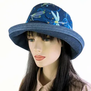 Sunblocker UV summer sun hat with wide brim, featuring royal dragonfly print, adjustable fit
