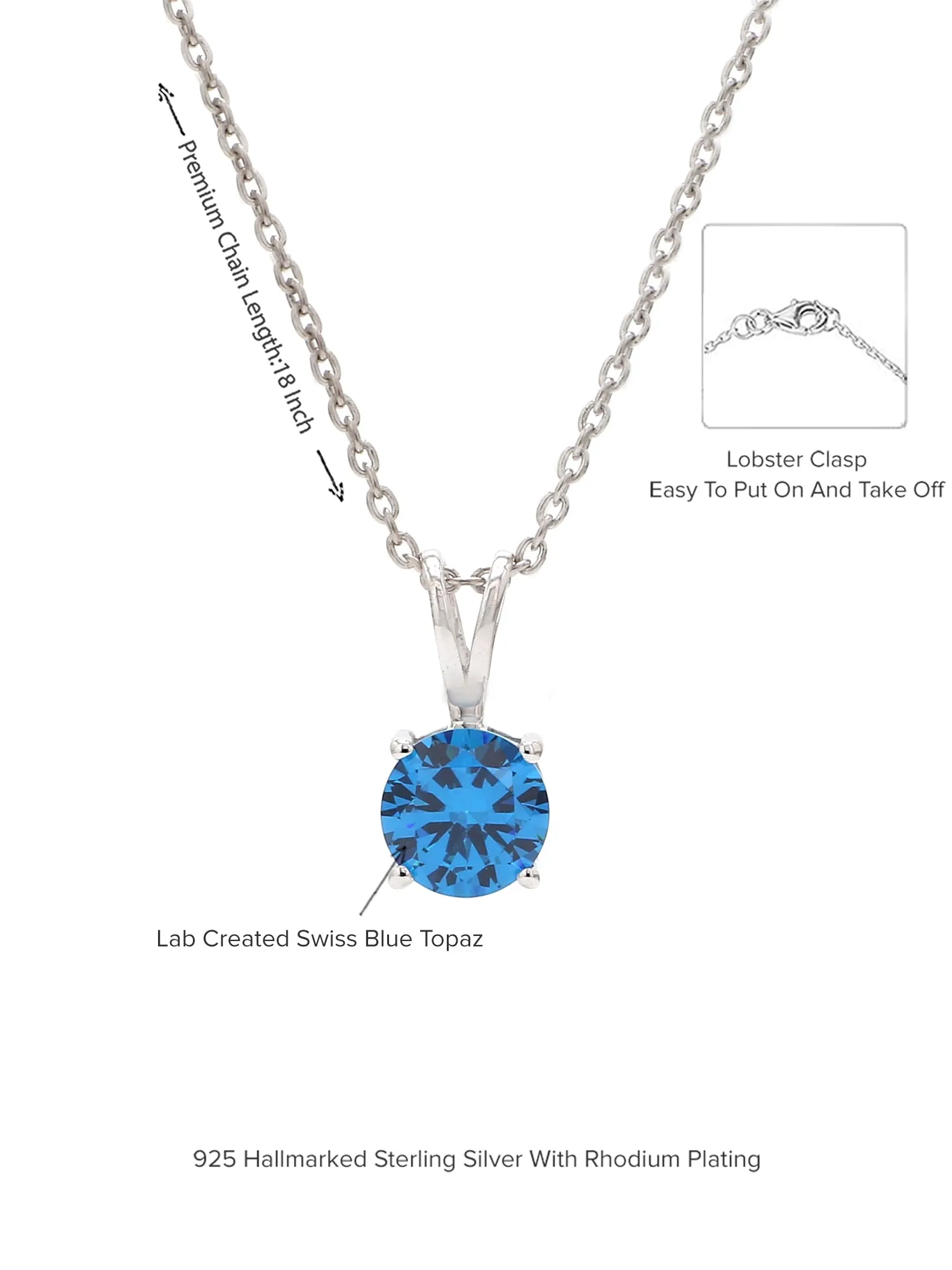 Swiss Blue Solitaire Pendant With Chain