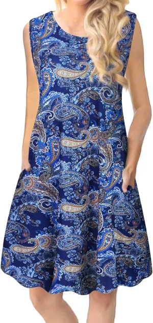 Tanst Sky Summer Dresses for Women 2025 Casual Sleeveless Sundresses Tank Dress Mini Loose Beach Cover Up with Pockets