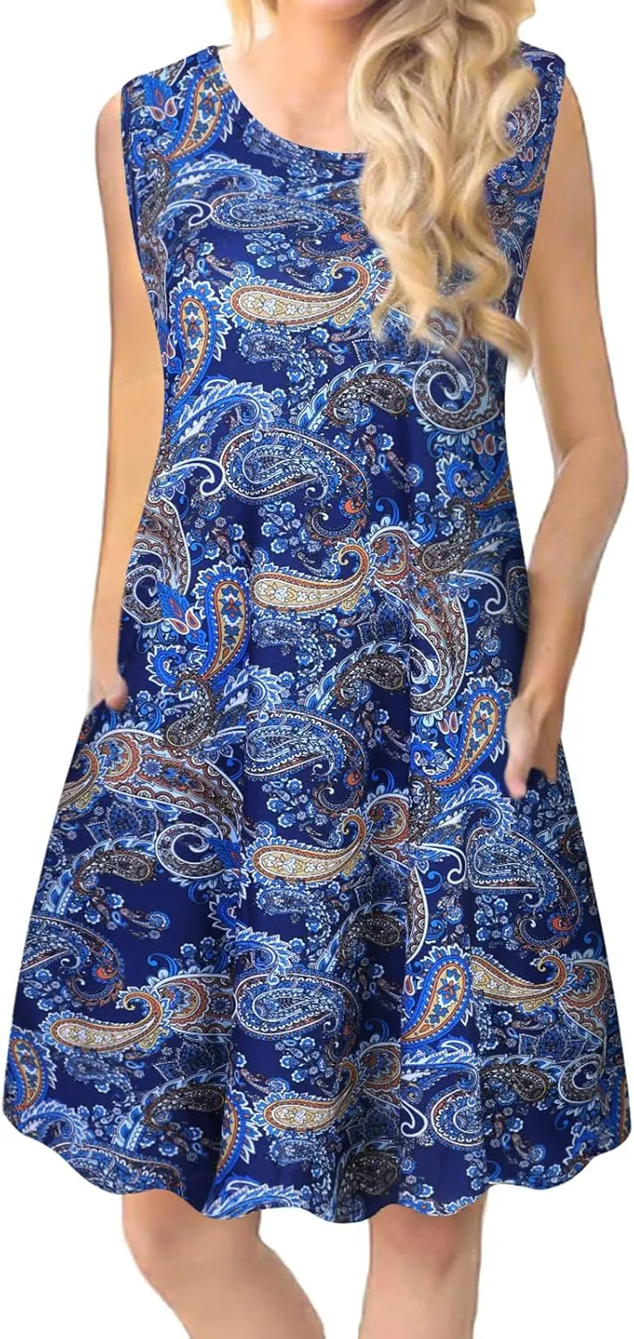 Tanst Sky Summer Dresses for Women 2025 Casual Sleeveless Sundresses Tank Dress Mini Loose Beach Cover Up with Pockets