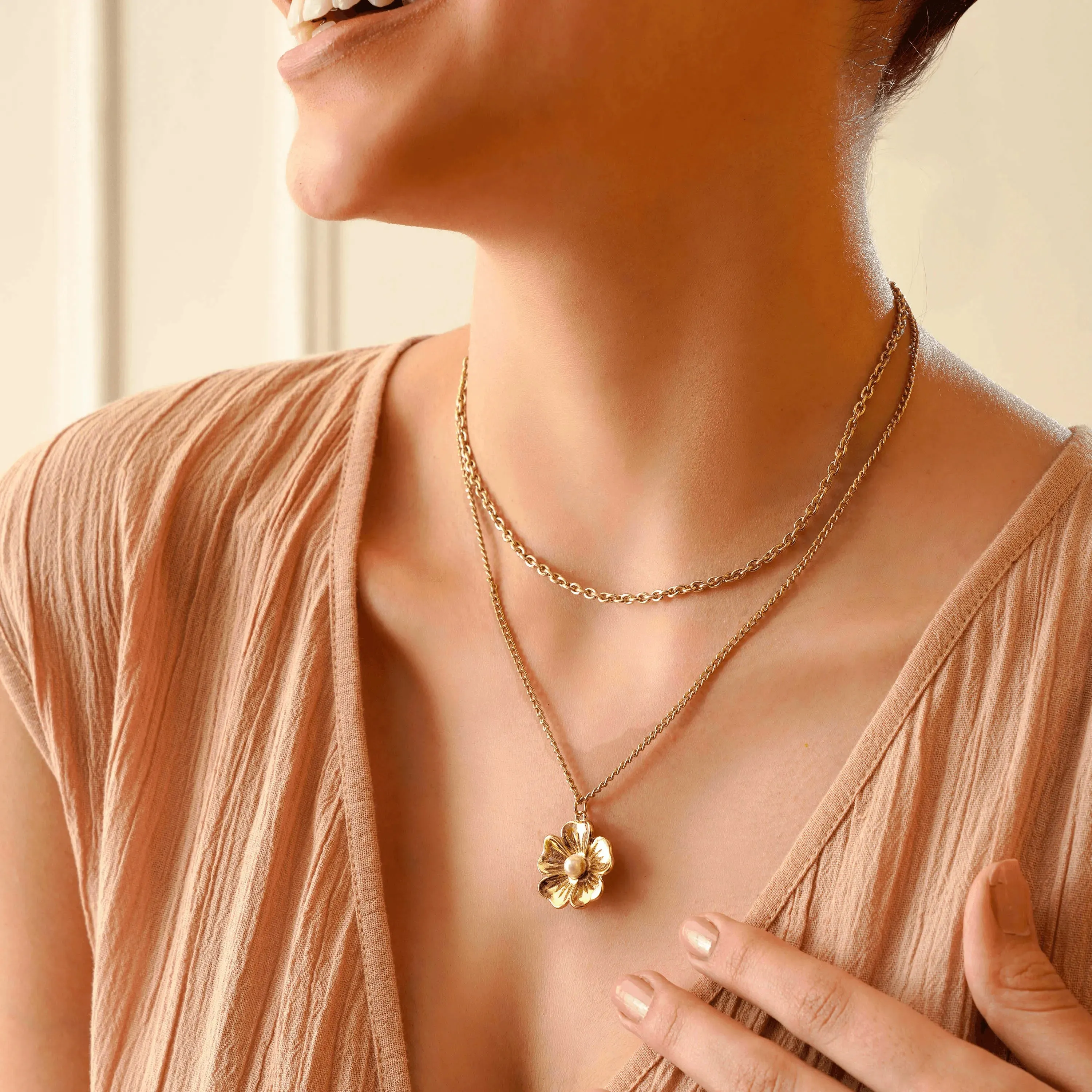 TFC 24K Layered Chain Floral Gold Plated Necklace