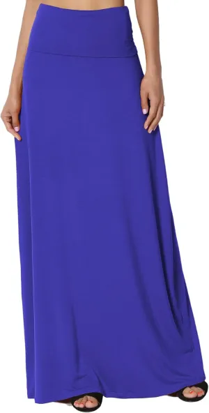 TheMogan Women's Casual Lounge Solid Foldable High Waist Draped Jersey Relaxed Long Maxi Skirt