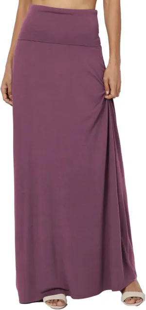 TheMogan Women's Casual Lounge Solid Foldable High Waist Draped Jersey Relaxed Long Maxi Skirt