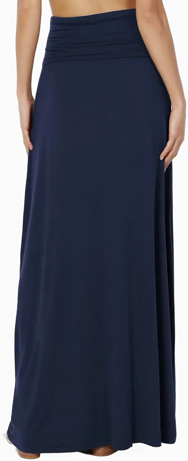 TheMogan Women's Casual Lounge Solid Foldable High Waist Draped Jersey Relaxed Long Maxi Skirt