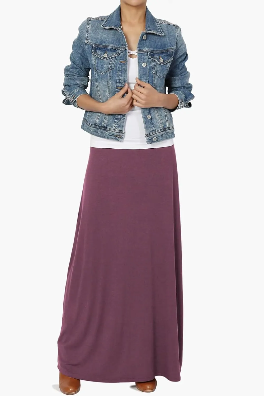 TheMogan Women's Casual Lounge Solid Foldable High Waist Draped Jersey Relaxed Long Maxi Skirt