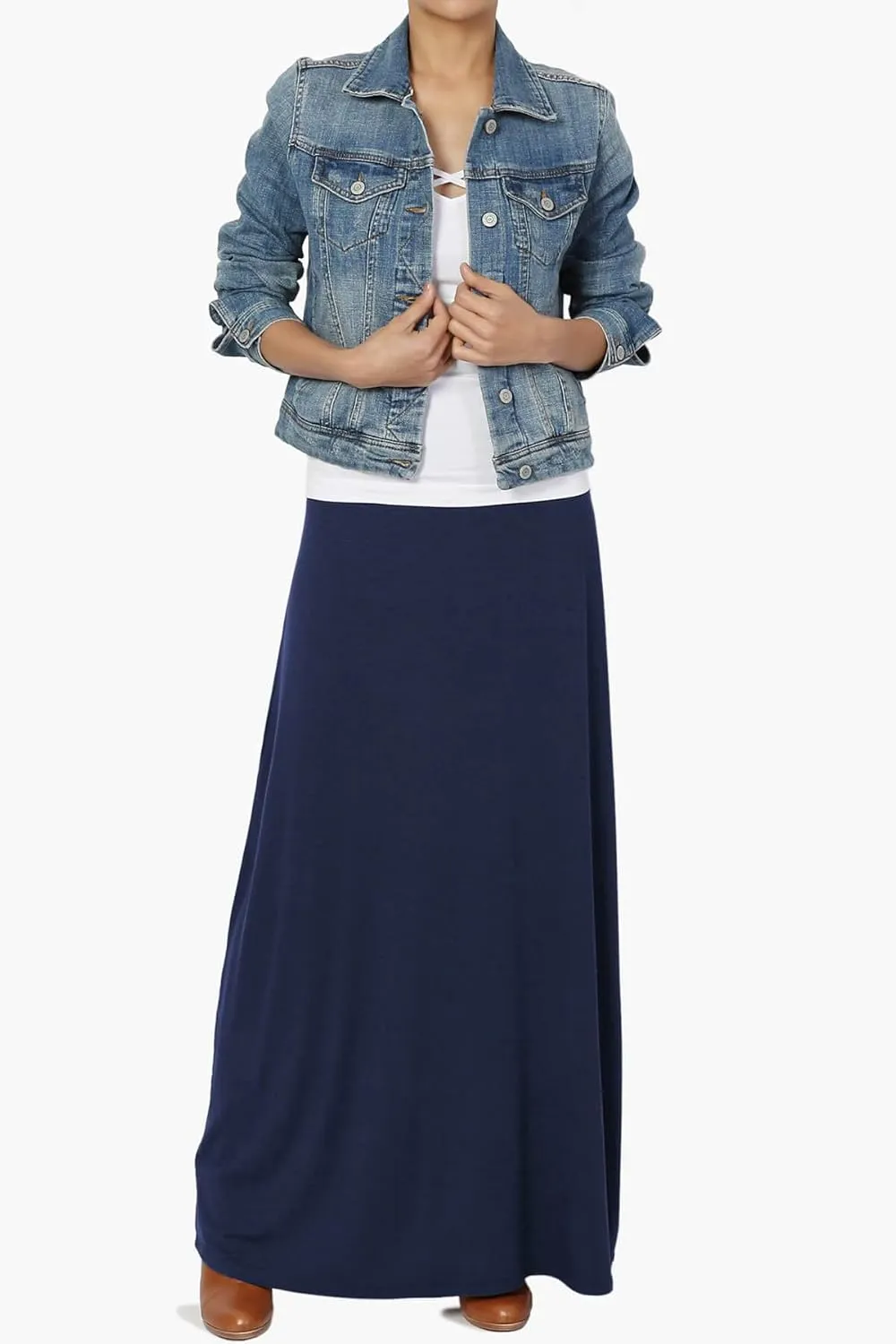TheMogan Women's Casual Lounge Solid Foldable High Waist Draped Jersey Relaxed Long Maxi Skirt
