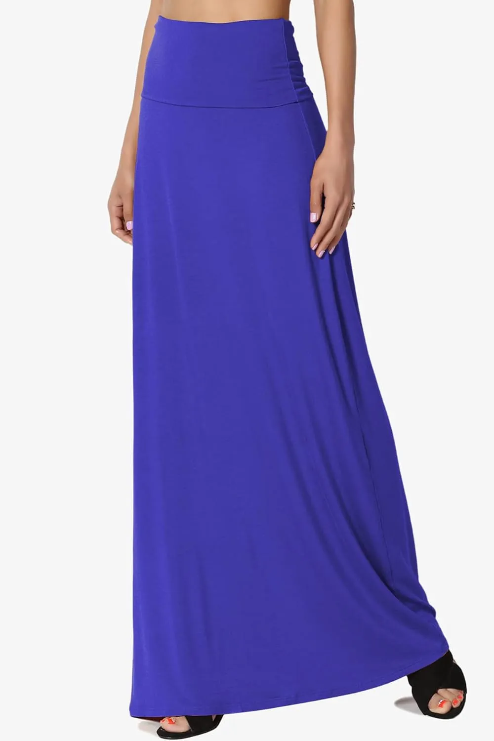 TheMogan Women's Casual Lounge Solid Foldable High Waist Draped Jersey Relaxed Long Maxi Skirt