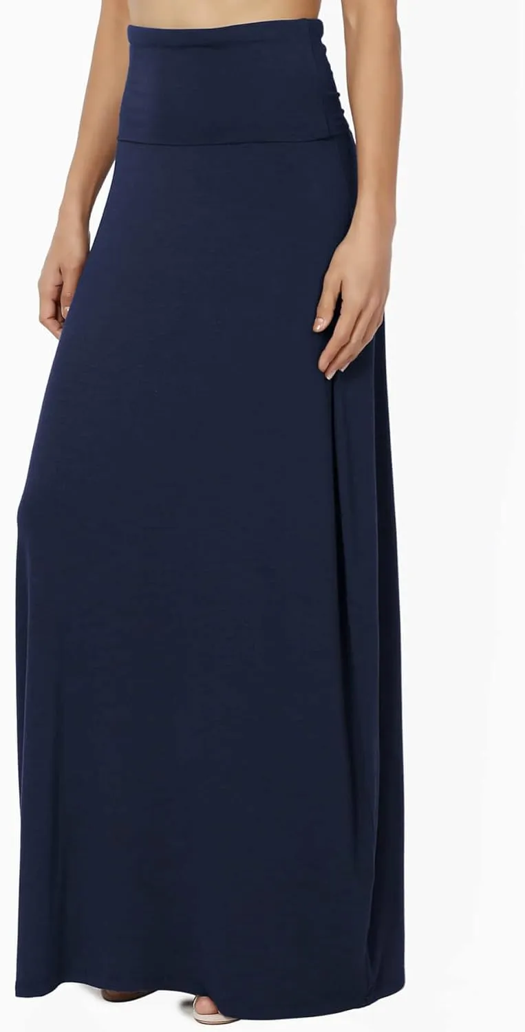 TheMogan Women's Casual Lounge Solid Foldable High Waist Draped Jersey Relaxed Long Maxi Skirt