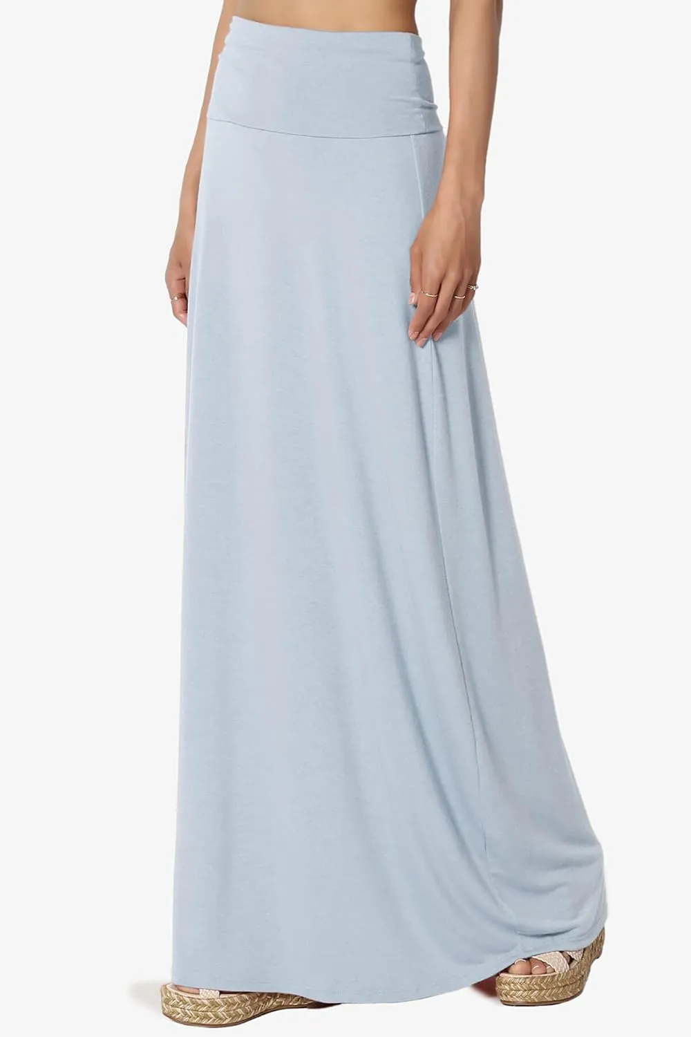 TheMogan Women's Casual Lounge Solid Foldable High Waist Draped Jersey Relaxed Long Maxi Skirt
