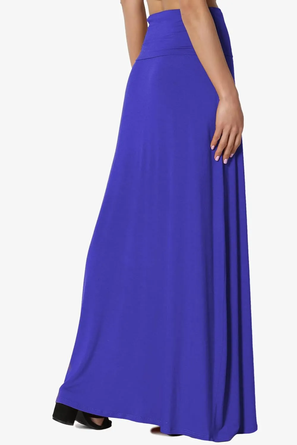 TheMogan Women's Casual Lounge Solid Foldable High Waist Draped Jersey Relaxed Long Maxi Skirt