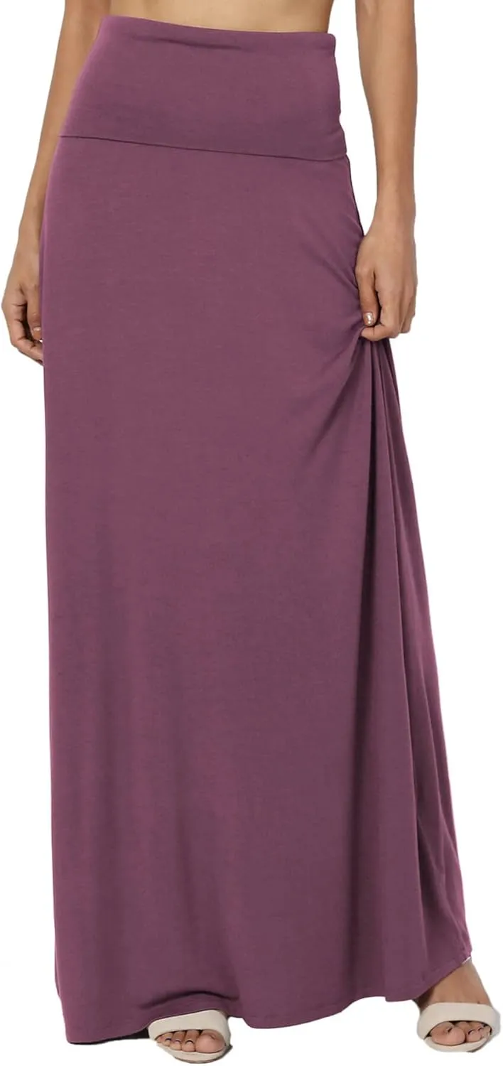 TheMogan Women's Casual Lounge Solid Foldable High Waist Draped Jersey Relaxed Long Maxi Skirt