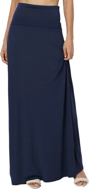 TheMogan Women's Casual Lounge Solid Foldable High Waist Draped Jersey Relaxed Long Maxi Skirt