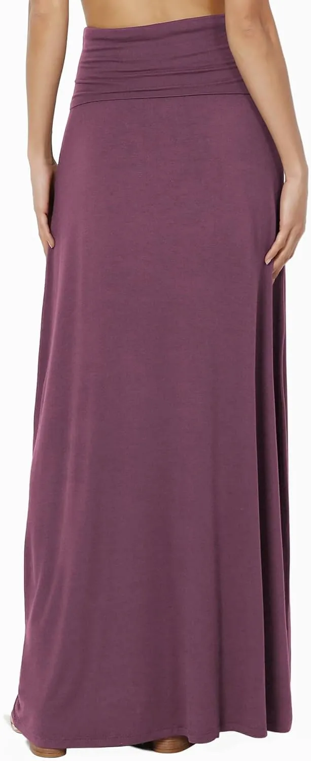 TheMogan Women's Casual Lounge Solid Foldable High Waist Draped Jersey Relaxed Long Maxi Skirt