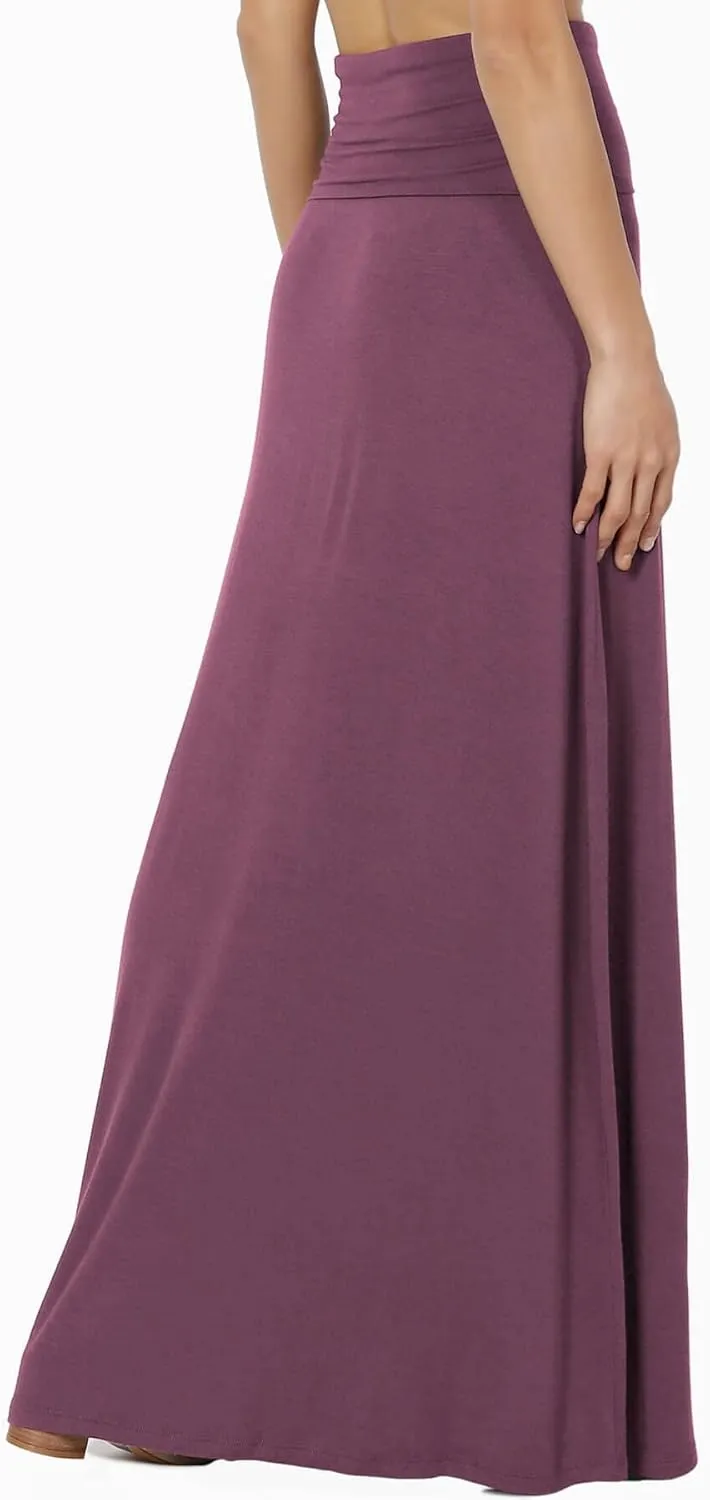 TheMogan Women's Casual Lounge Solid Foldable High Waist Draped Jersey Relaxed Long Maxi Skirt