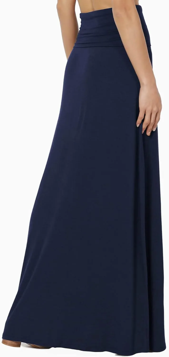 TheMogan Women's Casual Lounge Solid Foldable High Waist Draped Jersey Relaxed Long Maxi Skirt