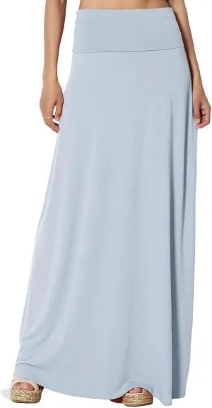 TheMogan Women's Casual Lounge Solid Foldable High Waist Draped Jersey Relaxed Long Maxi Skirt