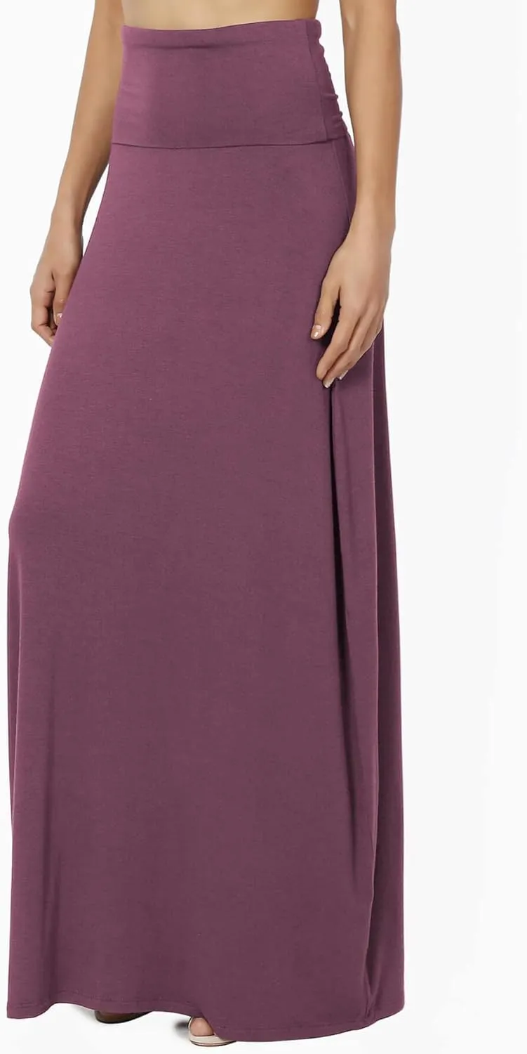 TheMogan Women's Casual Lounge Solid Foldable High Waist Draped Jersey Relaxed Long Maxi Skirt