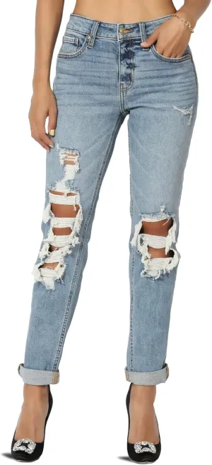 TheMogan Women's Distressed Destructed Washed Denim Mid~High Rise Relaxed Boyfriend Jeans
