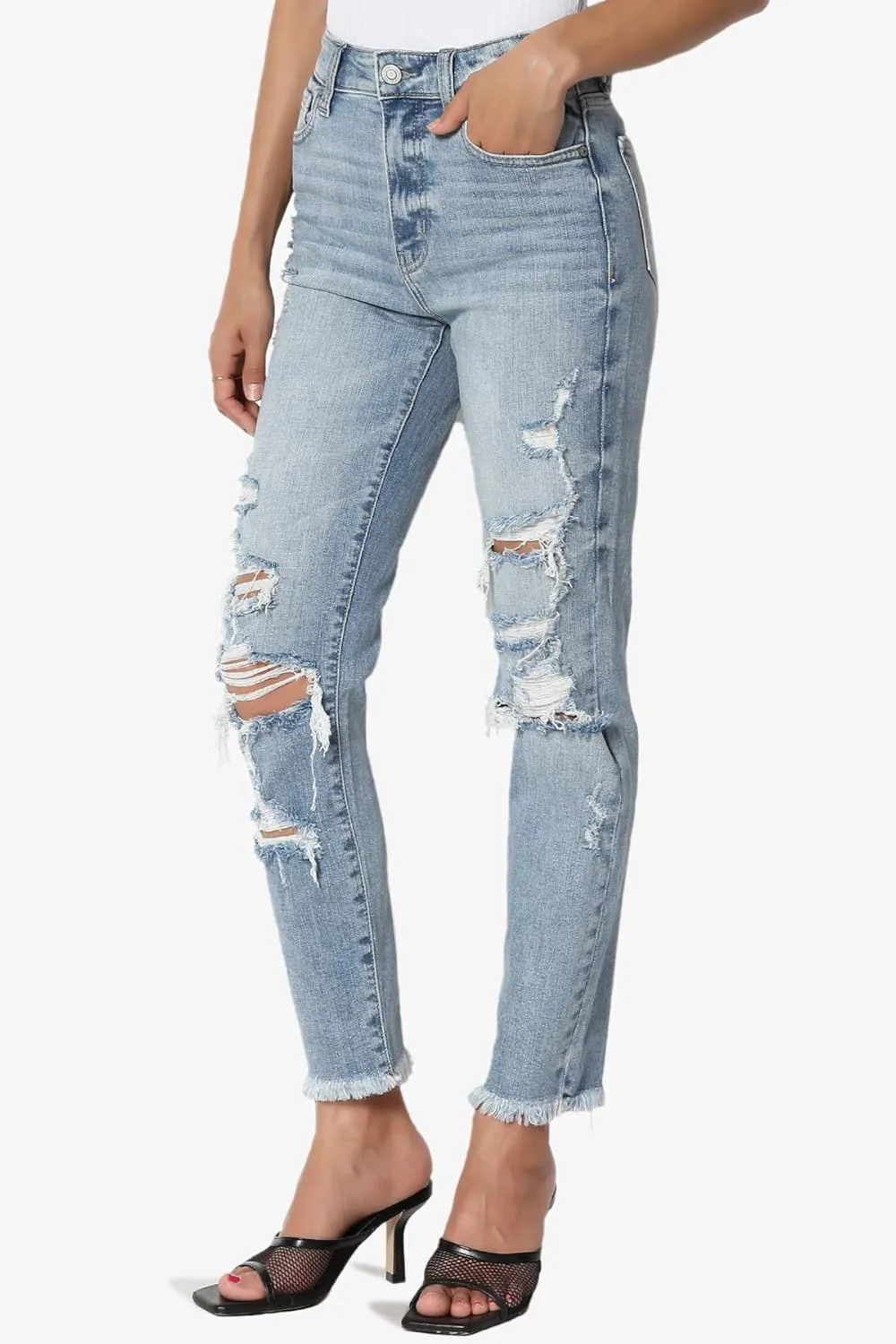TheMogan Women's Distressed Destructed Washed Denim Mid~High Rise Relaxed Boyfriend Jeans