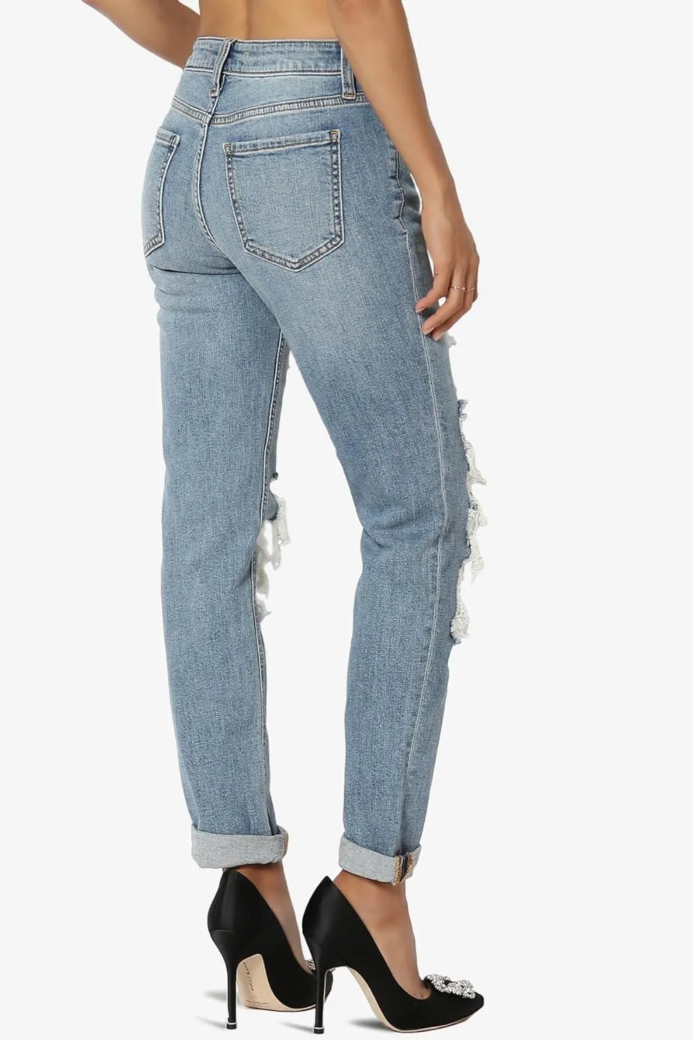 TheMogan Women's Distressed Destructed Washed Denim Mid~High Rise Relaxed Boyfriend Jeans