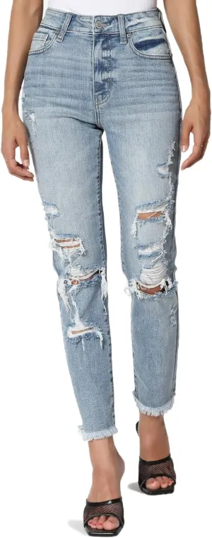 TheMogan Women's Distressed Destructed Washed Denim Mid~High Rise Relaxed Boyfriend Jeans