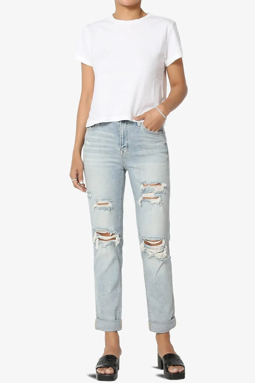 TheMogan Women's Distressed Destructed Washed Denim Mid~High Rise Relaxed Boyfriend Jeans