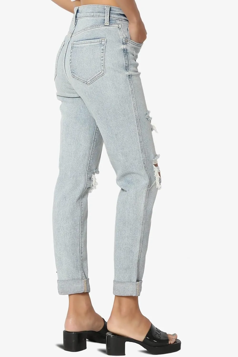 TheMogan Women's Distressed Destructed Washed Denim Mid~High Rise Relaxed Boyfriend Jeans