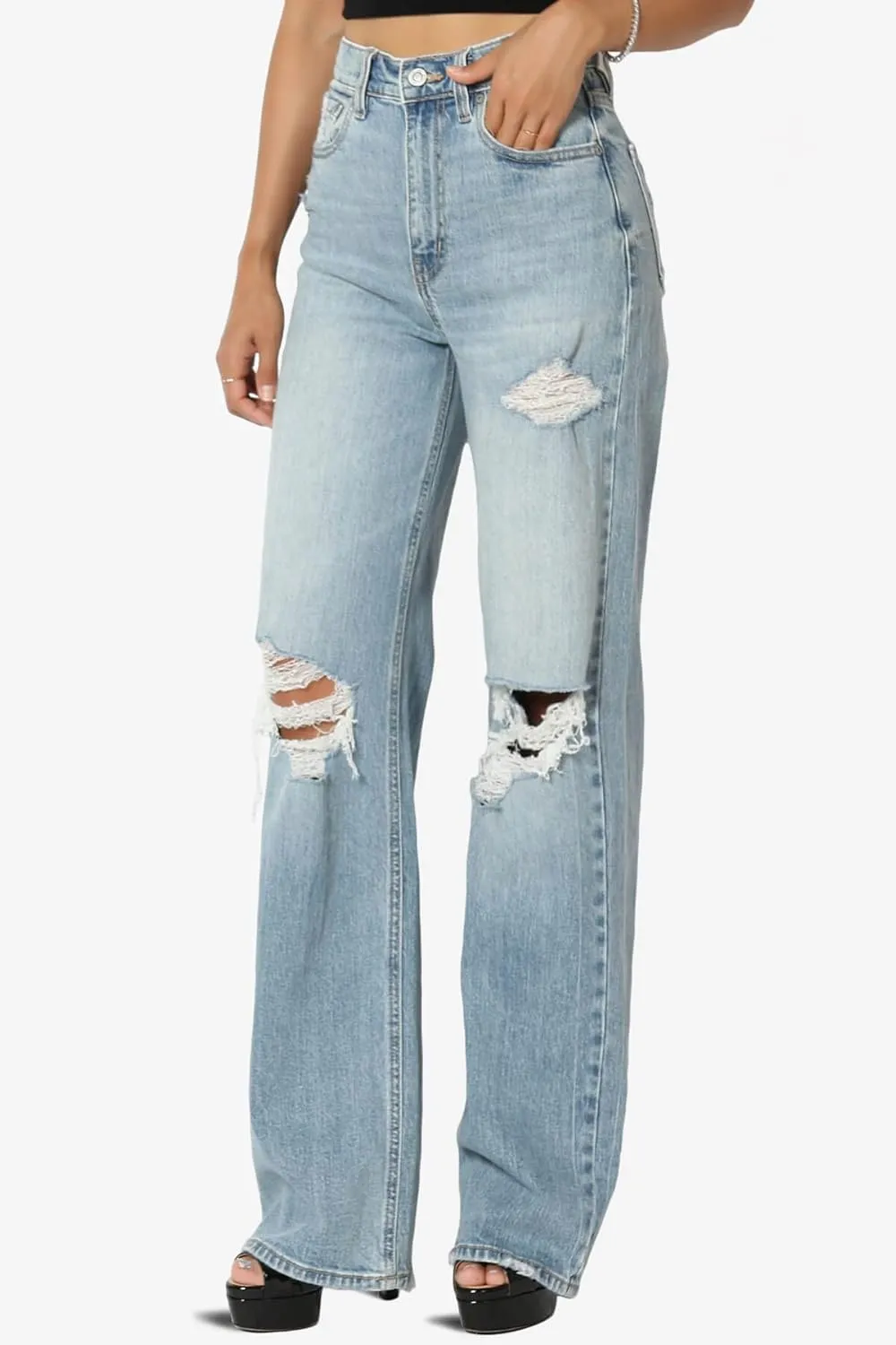 TheMogan Women's Distressed Destructed Washed Denim Mid~High Rise Relaxed Boyfriend Jeans
