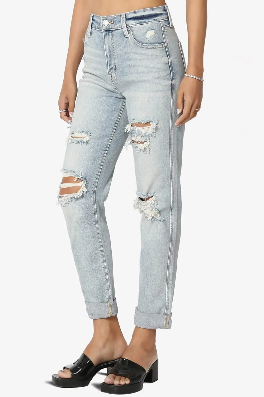 TheMogan Women's Distressed Destructed Washed Denim Mid~High Rise Relaxed Boyfriend Jeans