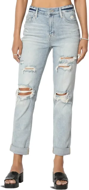 TheMogan Women's Distressed Destructed Washed Denim Mid~High Rise Relaxed Boyfriend Jeans