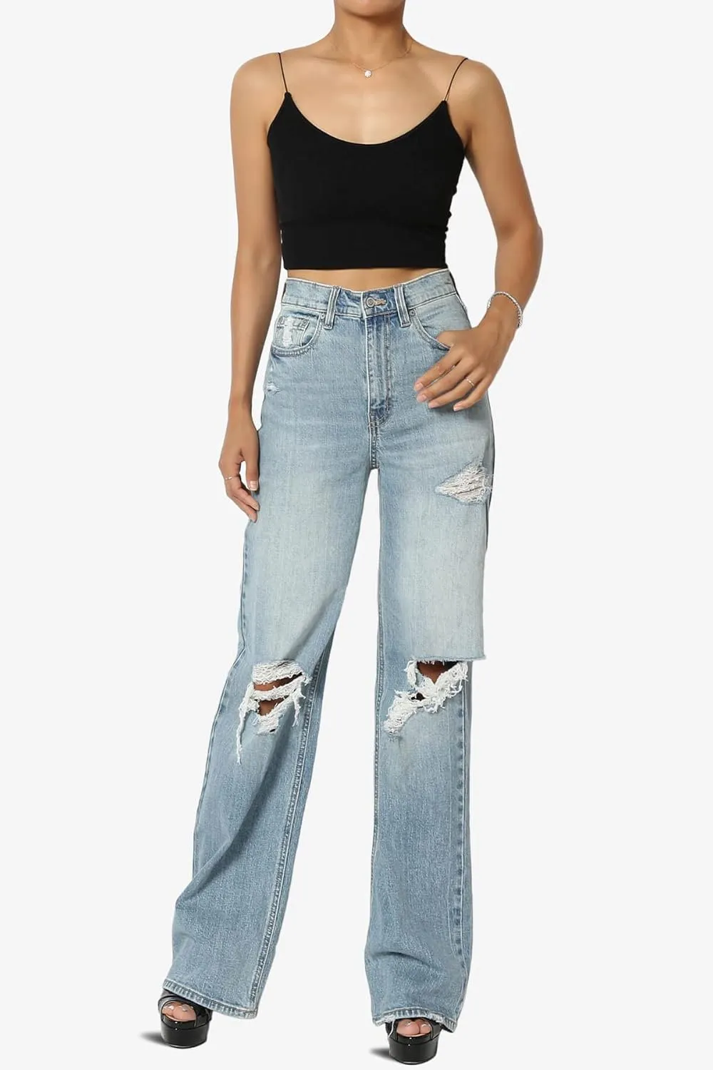 TheMogan Women's Distressed Destructed Washed Denim Mid~High Rise Relaxed Boyfriend Jeans