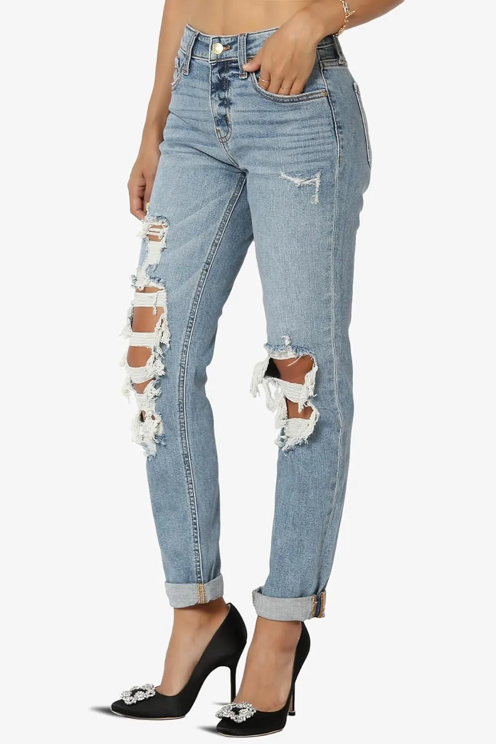 TheMogan Women's Distressed Destructed Washed Denim Mid~High Rise Relaxed Boyfriend Jeans