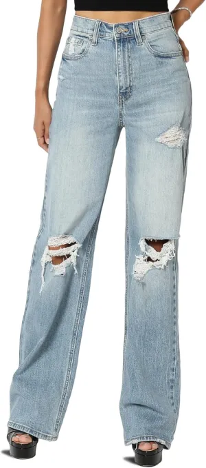 TheMogan Women's Distressed Destructed Washed Denim Mid~High Rise Relaxed Boyfriend Jeans