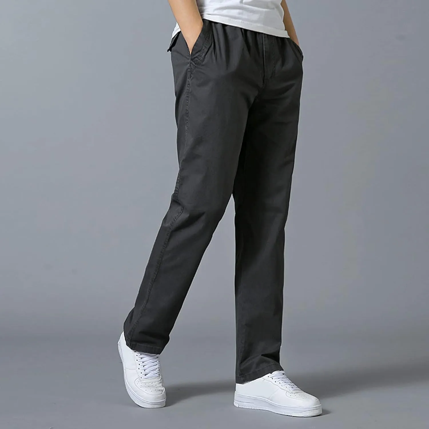 Trendy Solid Color Strech Chino Pants for Men Cotton Soft Lightweight Slim Fit Open Bottom High Waist Cargo Trousers