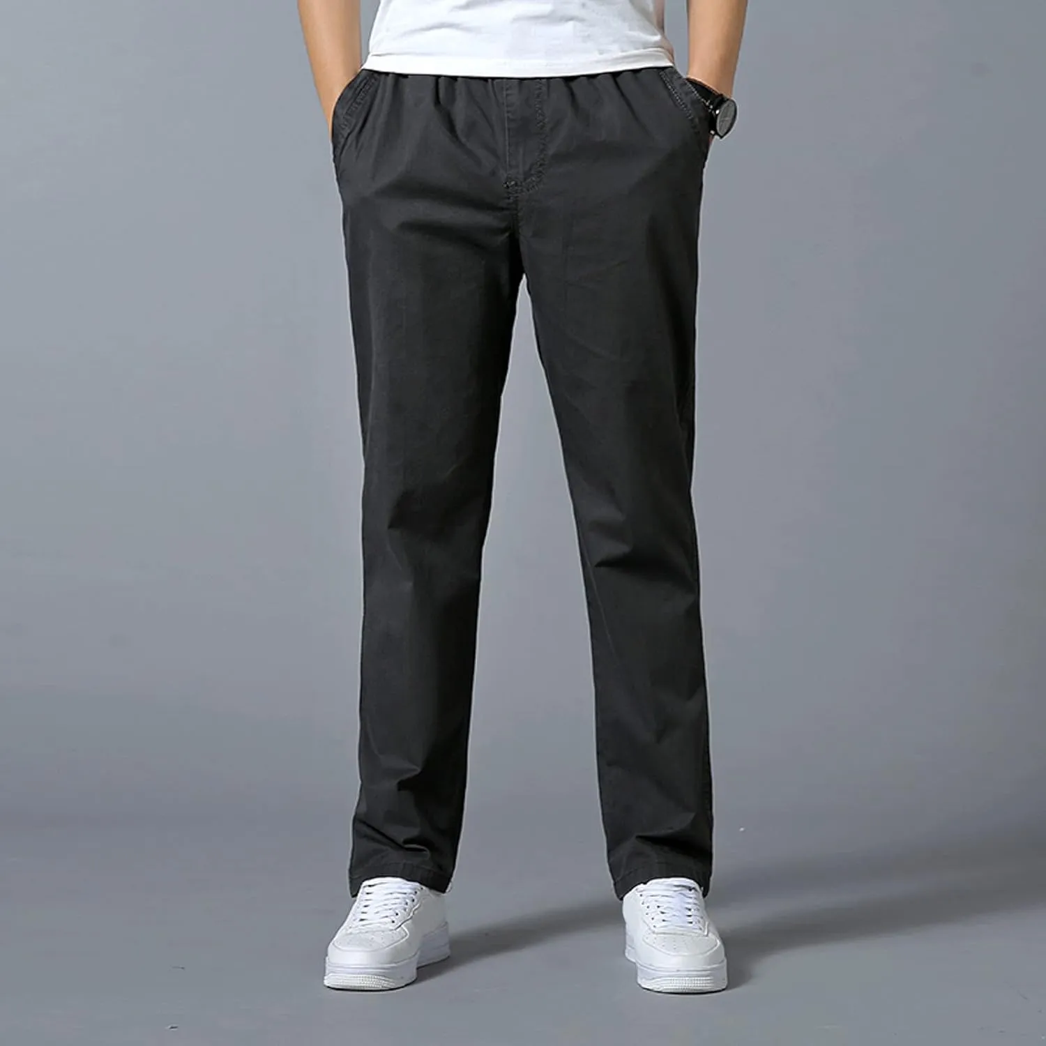 Trendy Solid Color Strech Chino Pants for Men Cotton Soft Lightweight Slim Fit Open Bottom High Waist Cargo Trousers