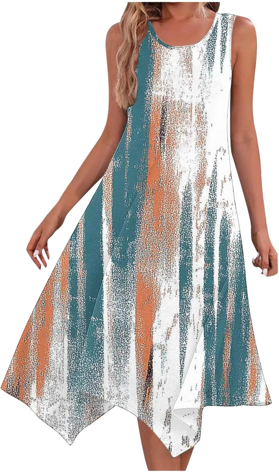 Trendy Summer Dress for Women Fashion Print Sundresses Slim Tank Top Round Neck Pockets Beach Vacation Dresses