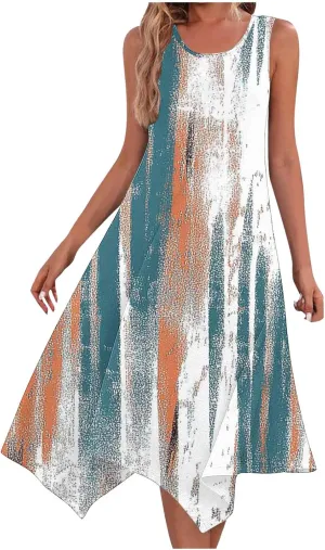 Trendy Summer Dress for Women Fashion Print Sundresses Slim Tank Top Round Neck Pockets Beach Vacation Dresses