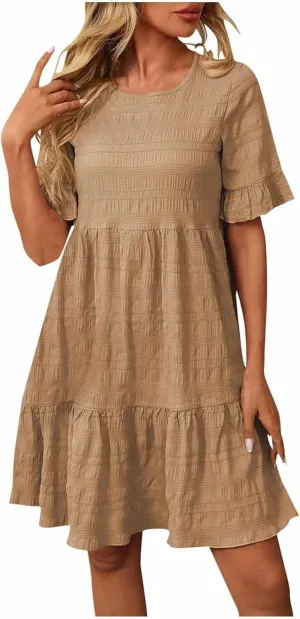 Trendy Summer Dress for Women Solid Color Short Sleeve Patchwork Casual Dresses Pleated Floral Hem A-line Dress