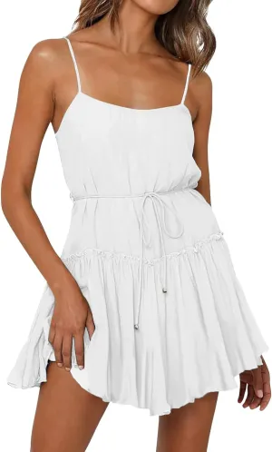 Trendy Summer Dresses for Women 2025 Fashion Solid Color Sexy Spaghetti Strap A-Line Pleated High Waisted Dress
