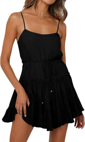 Trendy Summer Dresses for Women 2025 Fashion Solid Color Sexy Spaghetti Strap A-Line Pleated High Waisted Dress