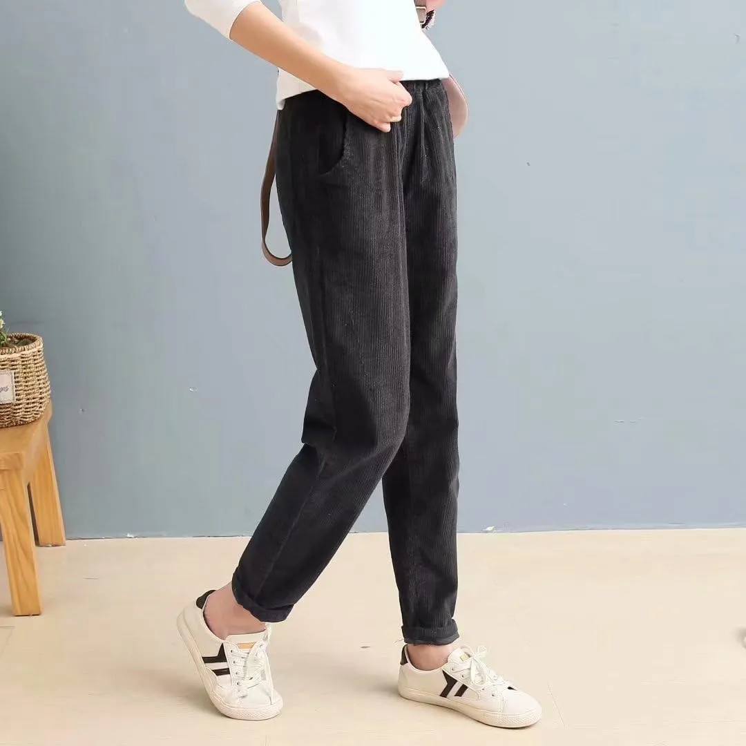 utcoco Womens Corduroy Pants Elastic High Waist Pull On Straight Leg Slacks Casual Fall Winter Trousers with Pockets