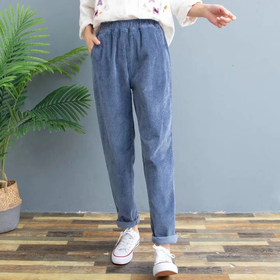 utcoco Womens Corduroy Pants Elastic High Waist Pull On Straight Leg Slacks Casual Fall Winter Trousers with Pockets