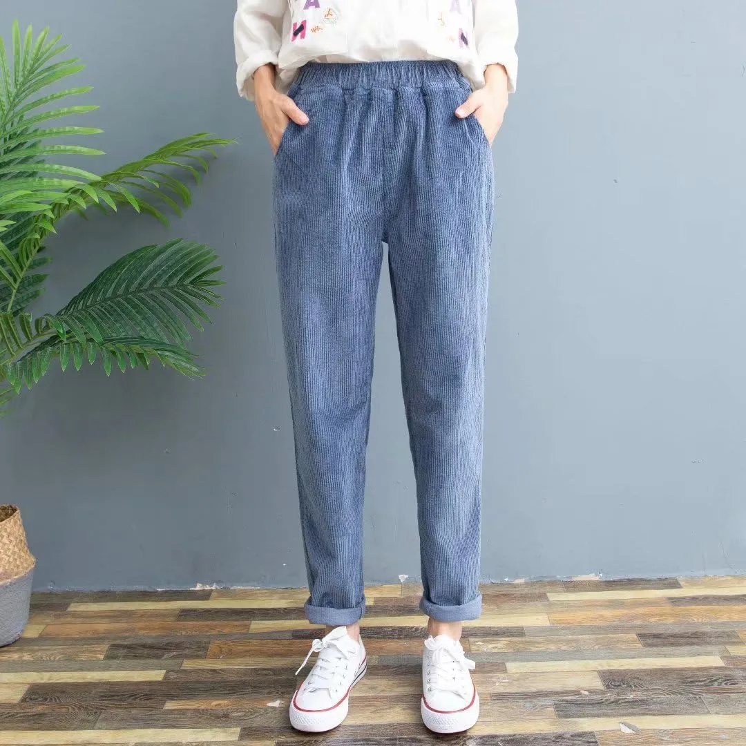 utcoco Womens Corduroy Pants Elastic High Waist Pull On Straight Leg Slacks Casual Fall Winter Trousers with Pockets