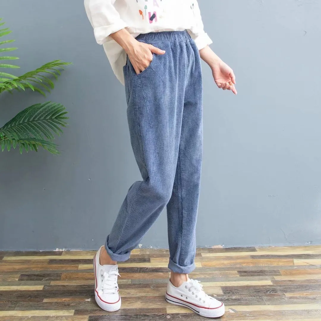 utcoco Womens Corduroy Pants Elastic High Waist Pull On Straight Leg Slacks Casual Fall Winter Trousers with Pockets