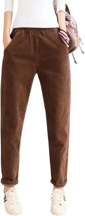 utcoco Womens Corduroy Pants Elastic High Waist Pull On Straight Leg Slacks Casual Fall Winter Trousers with Pockets