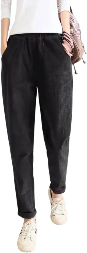 utcoco Womens Corduroy Pants Elastic High Waist Pull On Straight Leg Slacks Casual Fall Winter Trousers with Pockets