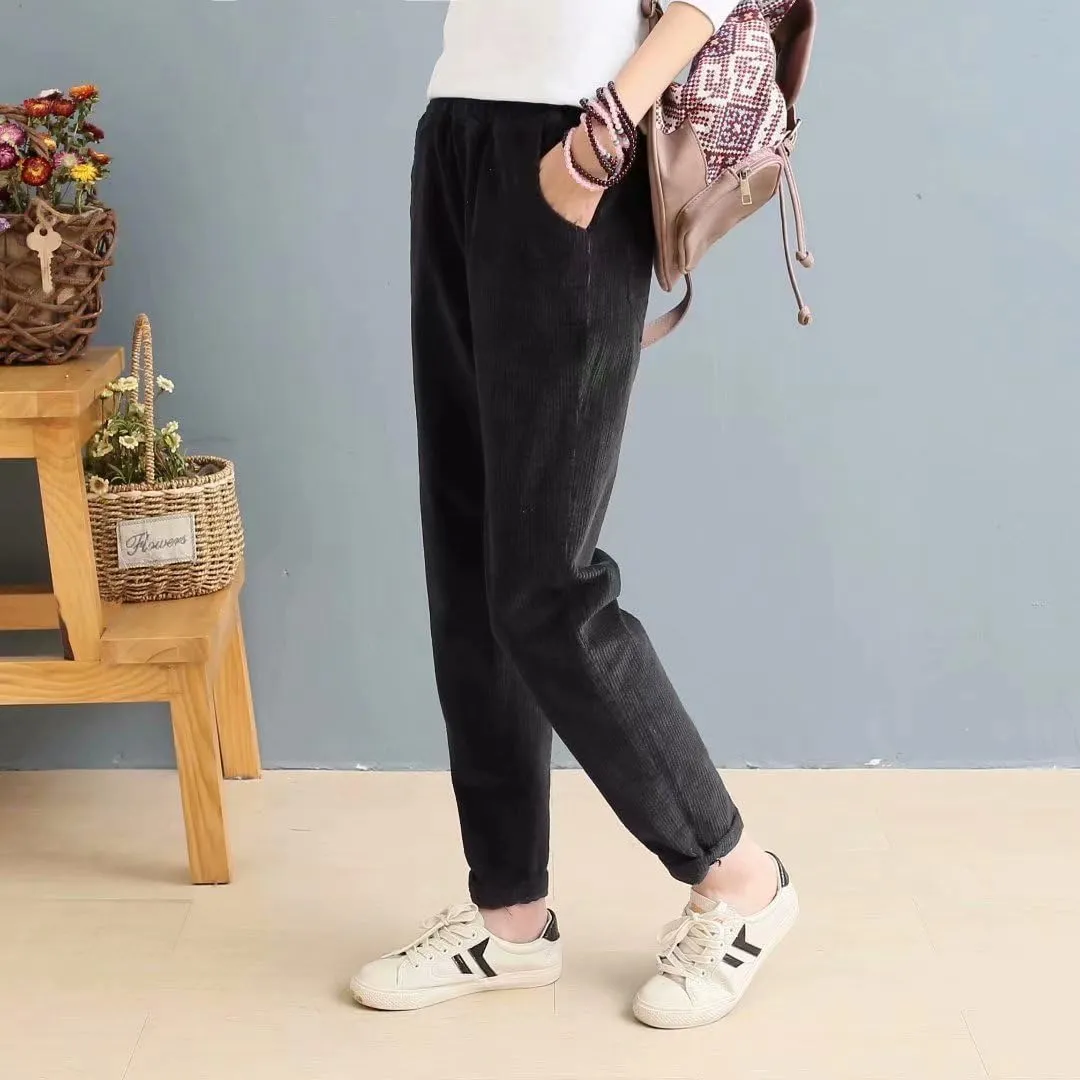 utcoco Womens Corduroy Pants Elastic High Waist Pull On Straight Leg Slacks Casual Fall Winter Trousers with Pockets