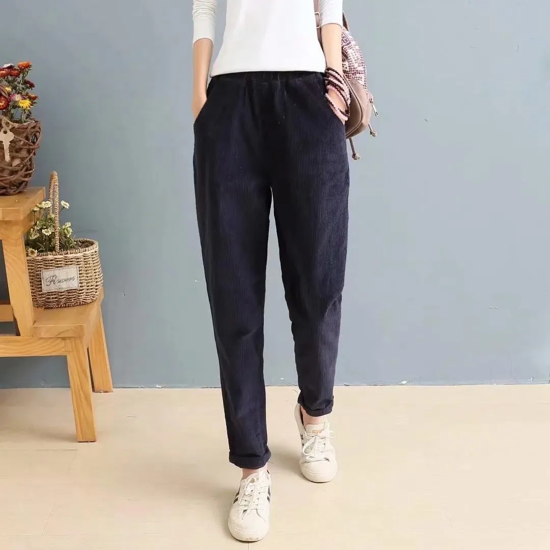 utcoco Womens Corduroy Pants Elastic High Waist Pull On Straight Leg Slacks Casual Fall Winter Trousers with Pockets