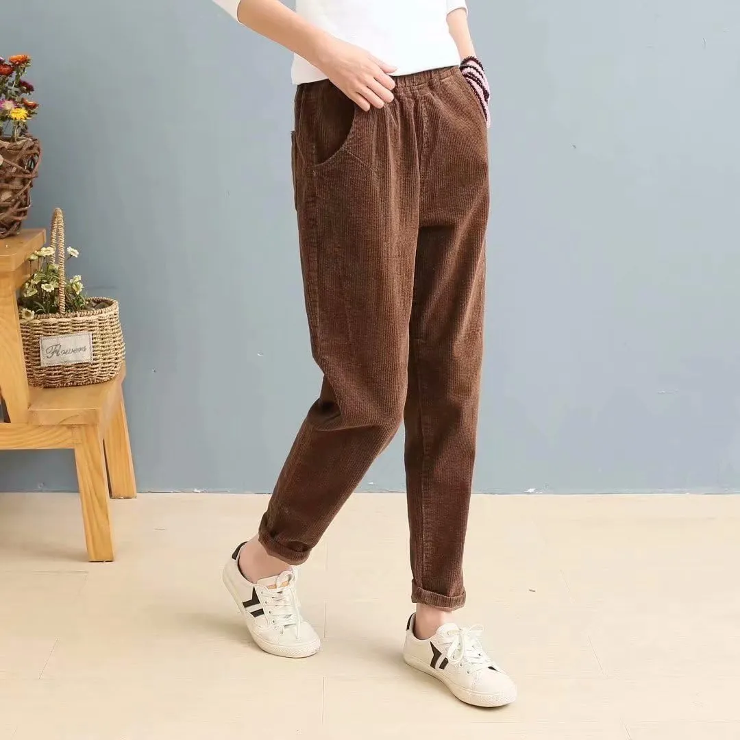 utcoco Womens Corduroy Pants Elastic High Waist Pull On Straight Leg Slacks Casual Fall Winter Trousers with Pockets